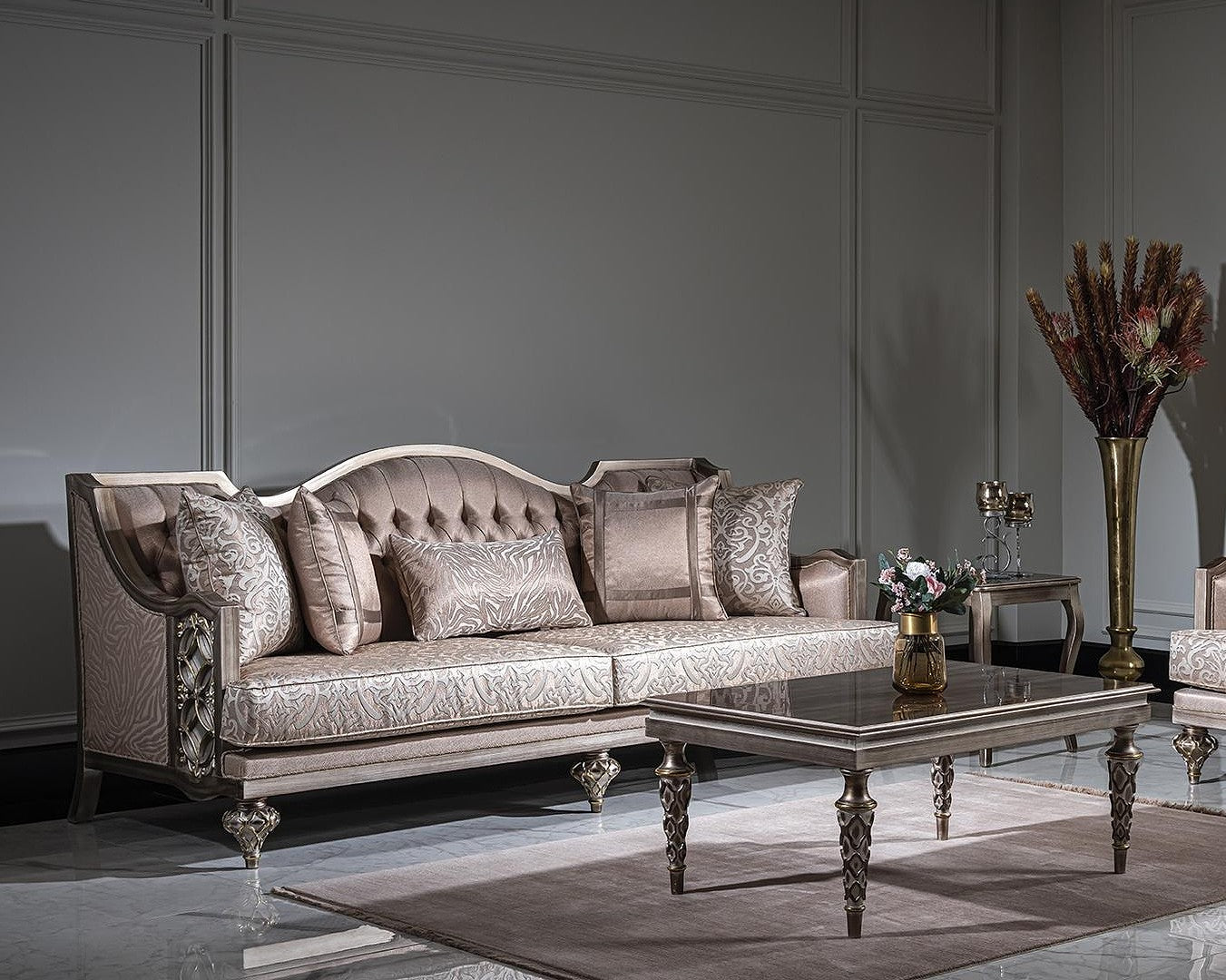 Luxurious living room with a decorative sofa and coffee table.