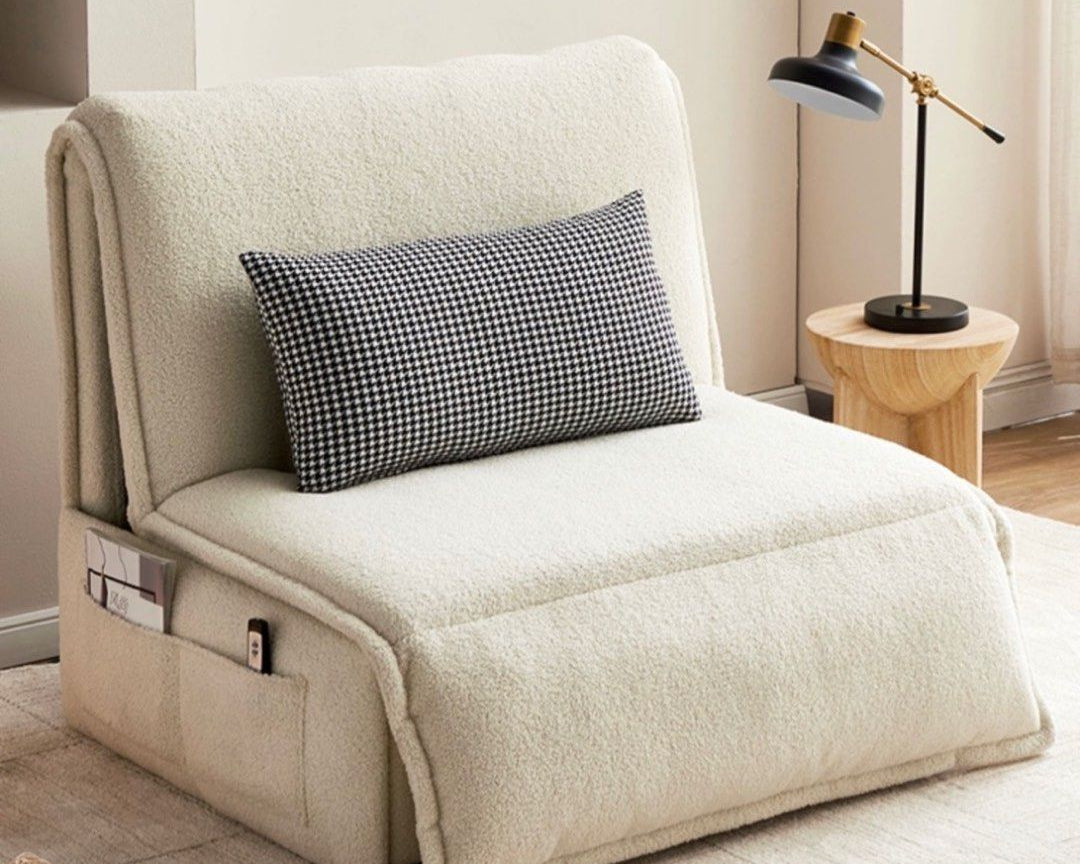 Beige armchair sofa bed in boucle fabric