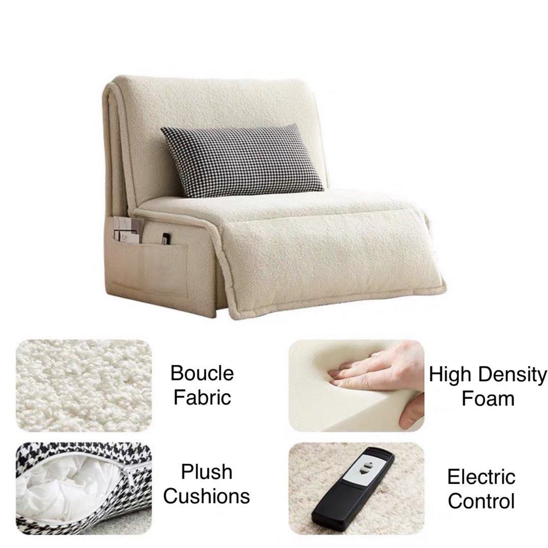 Beige armchair with a pillow, featuring boucle fabric, high-density foam, plush cushions, and electric control.