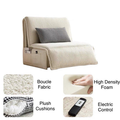 Beige armchair with a pillow, featuring boucle fabric, high-density foam, plush cushions, and electric control.