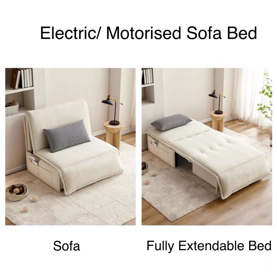 Electric/motorised sofa bed shown in sofa and fully extendable bed positions.