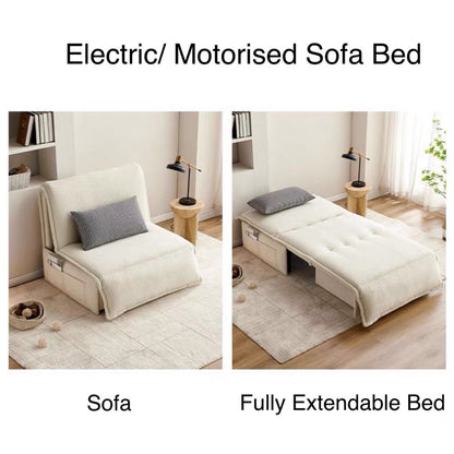 Electric/motorised sofa bed shown in sofa and fully extendable bed positions.