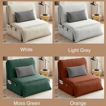 Four color options of a convertible sofa bed in white, grey, green and orange brown.
