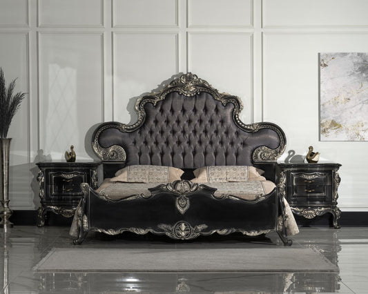 Decorative bedroom set with a large bed and matching nightstands.