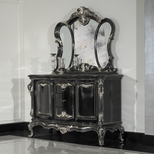 Decorative black cabinet with a large mirror in a room with white walls and a marble wall.