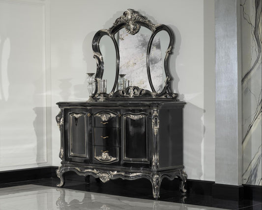 Decorative black cabinet with a large mirror in a room with white walls and a marble wall.