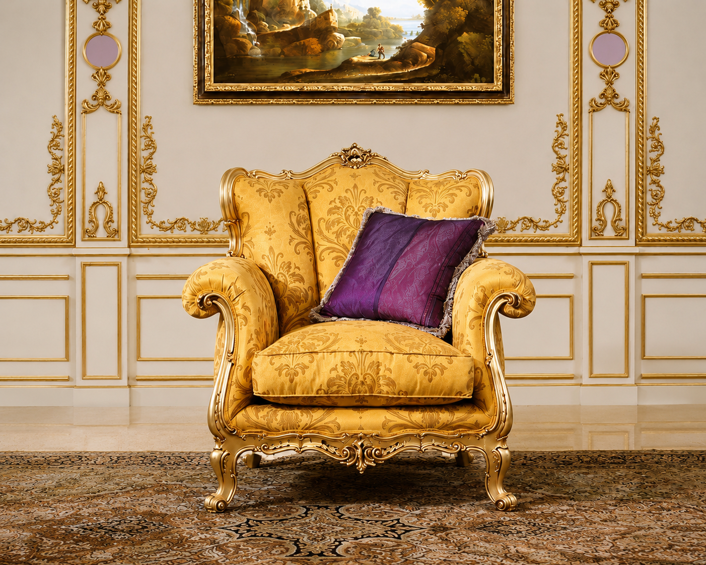 A classic French provincial style armchair upholstered in golden-yellow damask fabric with ornate gold carved wood legs, set against a decorated cream wall with gold paneling and a purple accent pillow.