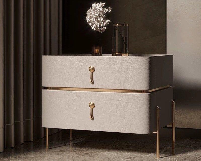 Custom made bespoke modern bedside cabinet drawers nightstand in leather exterior with gold accents