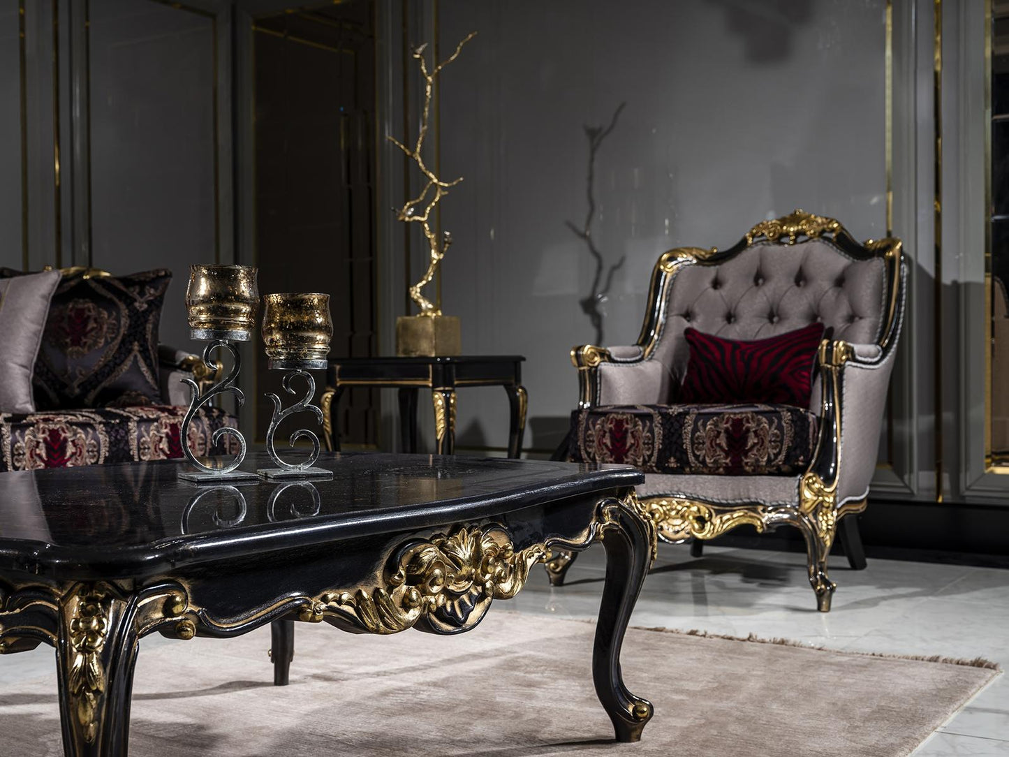 Luxurious living room with ornate furniture and decorative elements.