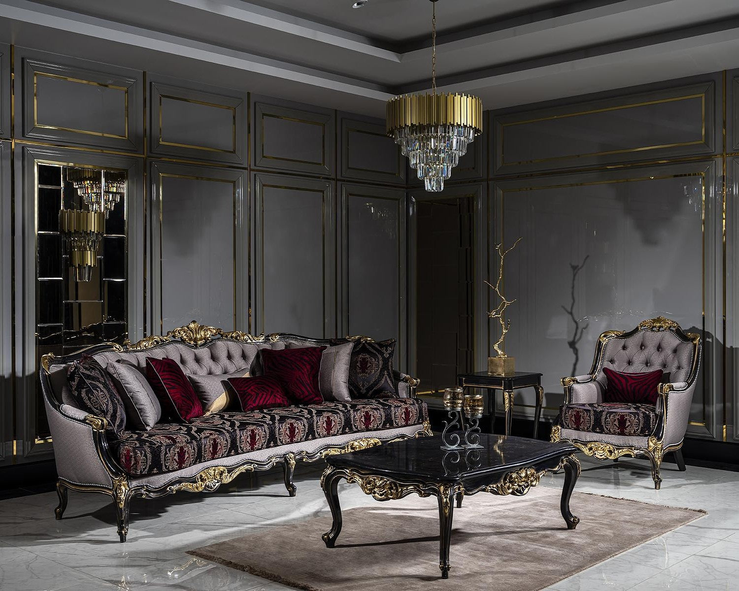 Luxurious living room with ornate sofa armchair chair furniture and chandelier