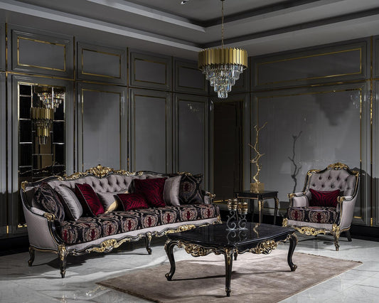 Luxurious living room with ornate sofa armchair chair furniture and chandelier