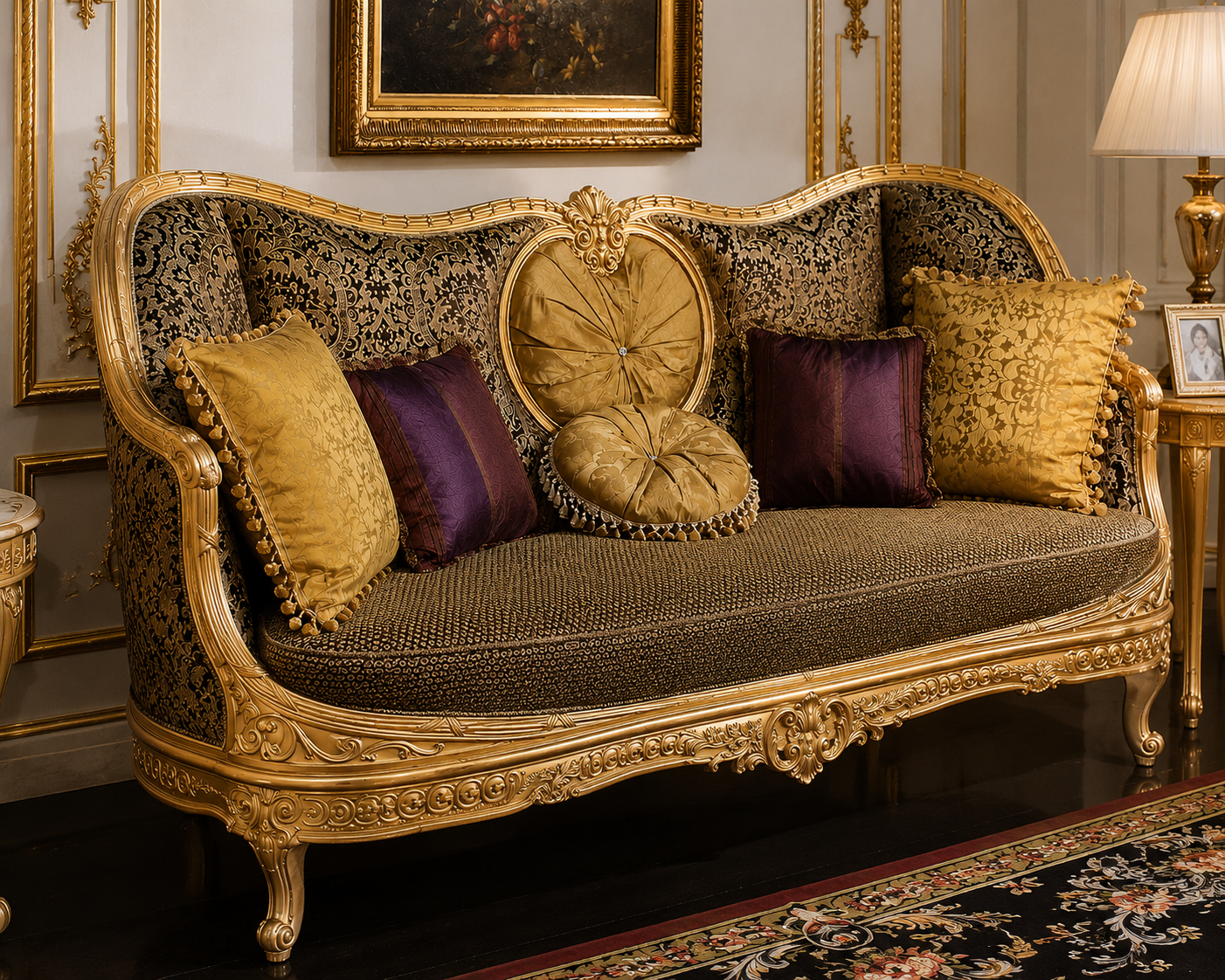 An ornate Louis XV style sofa with a carved gold frame, patterned fabric upholstery, and decorative throw pillows in gold and purple, set in a classic room with a lamp and framed art.
