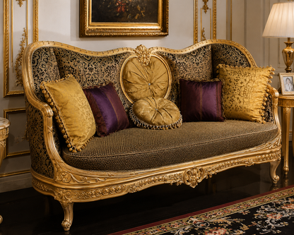 An ornate Louis XV style sofa with a carved gold frame, patterned fabric upholstery, and decorative throw pillows in gold and purple, set in a classic room with a lamp and framed art.