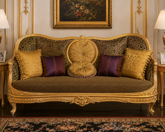 An ornate baroque-style sofa with a carved gold frame, patterned dark upholstery, and decorative gold and purple throw pillows, set in a richly decorated room with a painting and lamps.