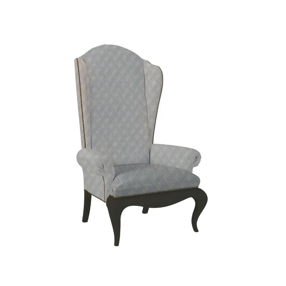 Gray upholstered wingback chair on a white background