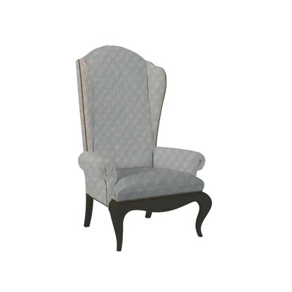 Gray upholstered wingback chair on a white background