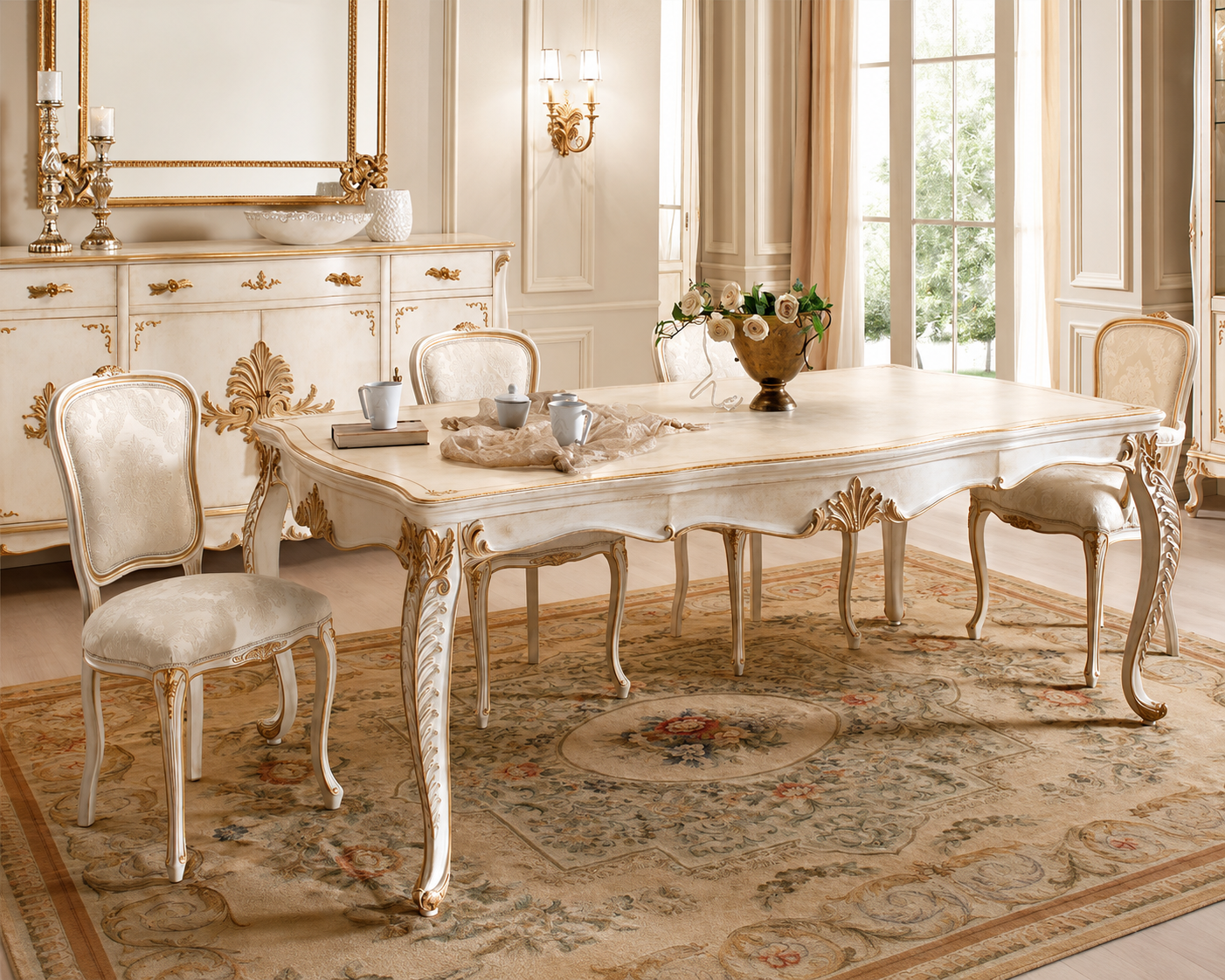An elegant French-style dining room set featuring a rectangular table and four matching chairs in a cream and gold finish, arranged on a patterned area rug in a luxurious room with classical wall moldings and windows.
