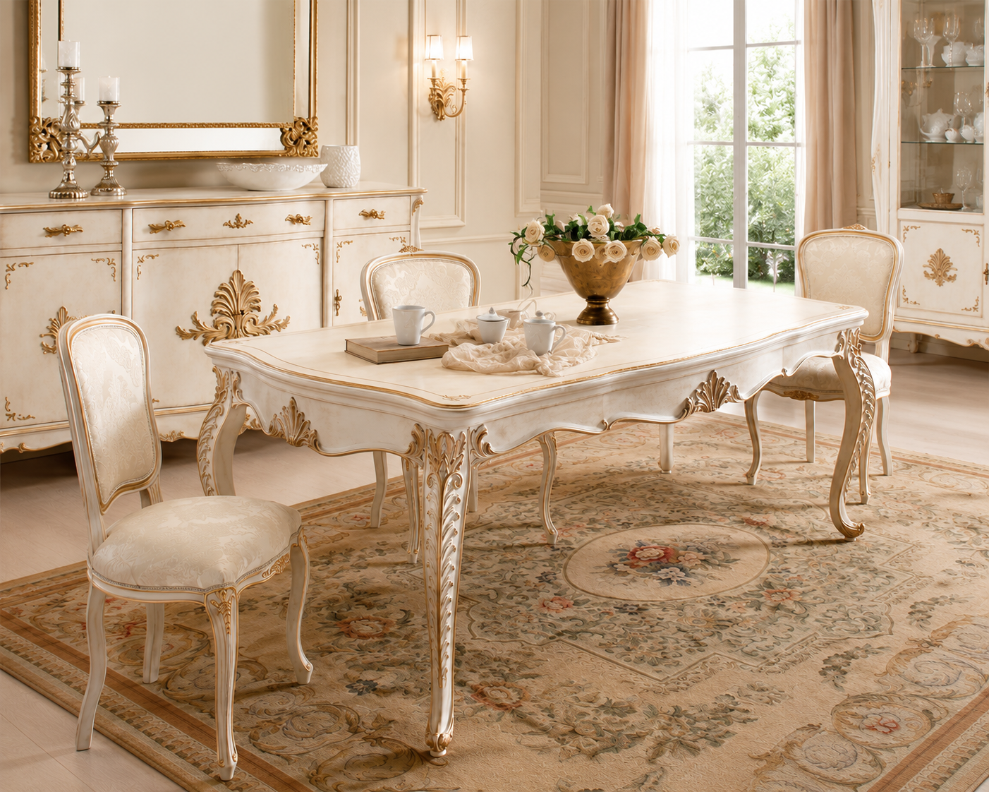 An elegant white carved dining table with four matching upholstered chairs, set on a large patterned area rug in a luxurious cream-colored dining room with gold accents.