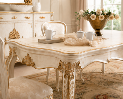 An ornate cream and gold dining table set in a luxurious, vintage-style room with matching chairs, a sideboard, and a floral centerpiece.