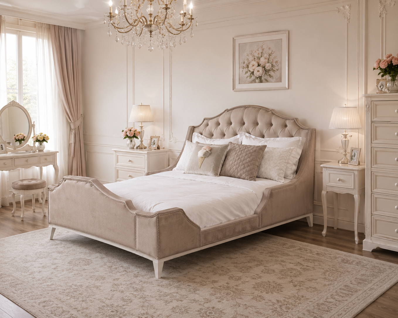 Luxurious bedroom with a large bed, side tables, and decorative elements.