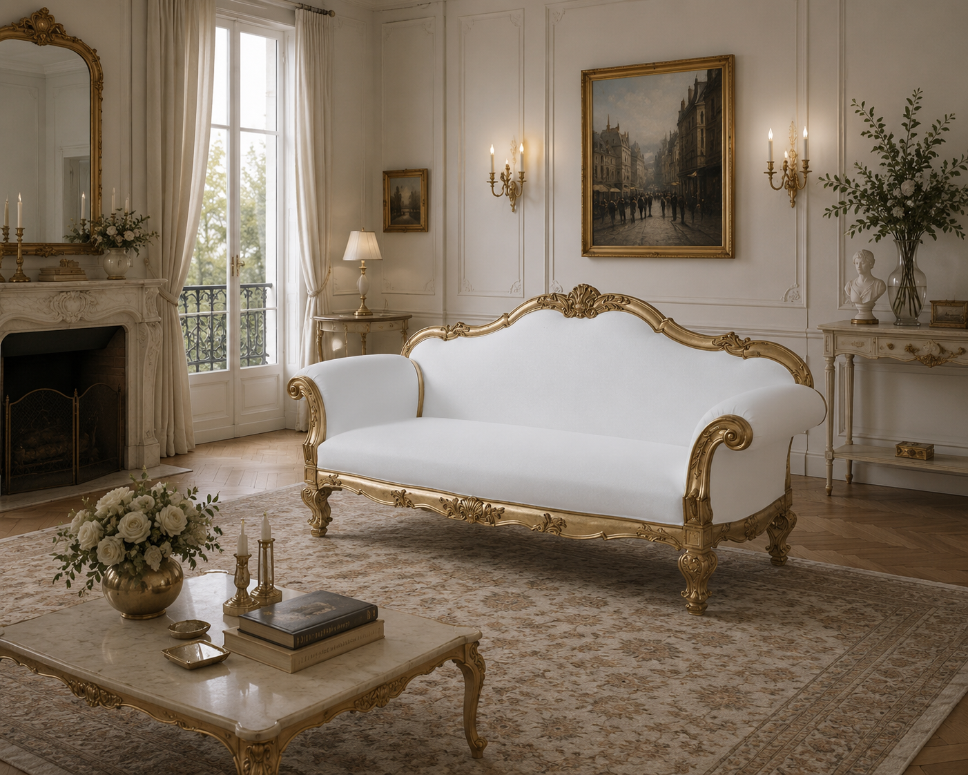 Custom made French sofa with handcarved solid wood frame dainte living