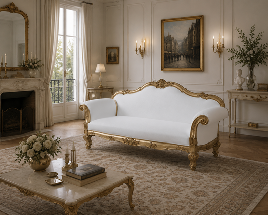 Custom made French sofa with handcarved solid wood frame dainte living