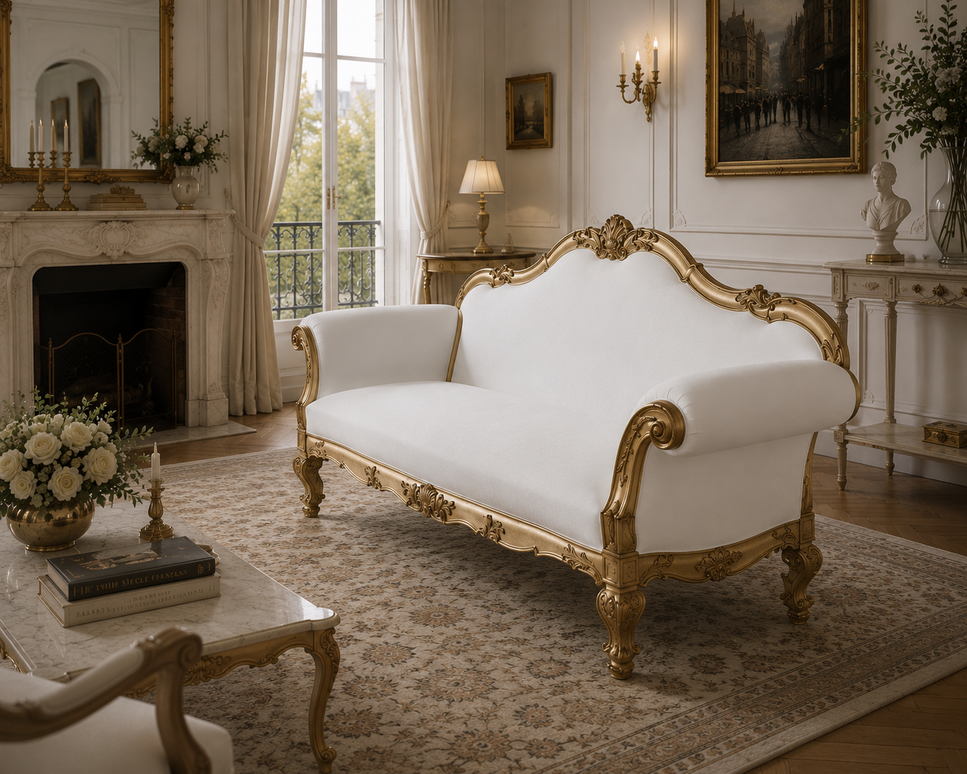 Custom made French sofa with handcarved solid wood frame dainte living