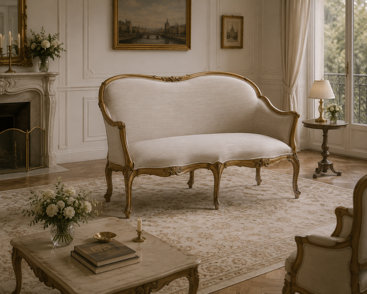 Custom made French sofa with hand carved champagne and gold solid wood frame and champagne tufted upholstery