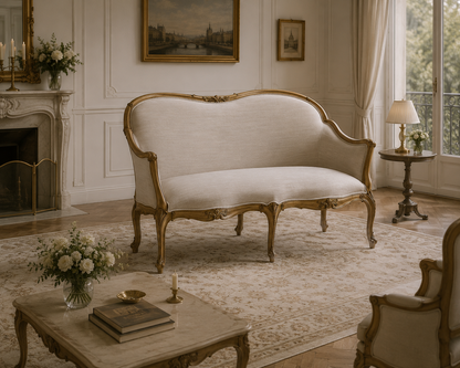 Custom made French sofa with hand carved champagne and gold solid wood frame and champagne tufted upholstery
