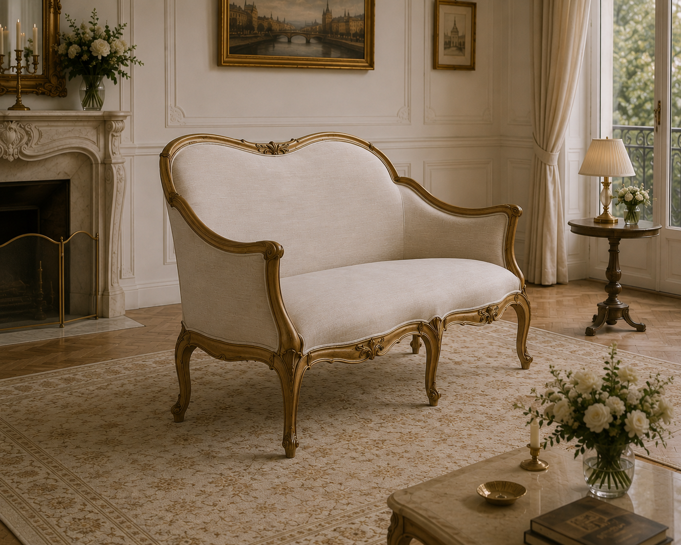 Custom made French sofa with hand carved champagne and gold solid wood frame and champagne tufted upholstery