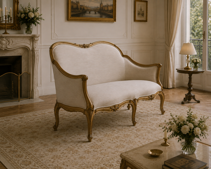 Custom made French sofa with hand carved champagne and gold solid wood frame and champagne tufted upholstery