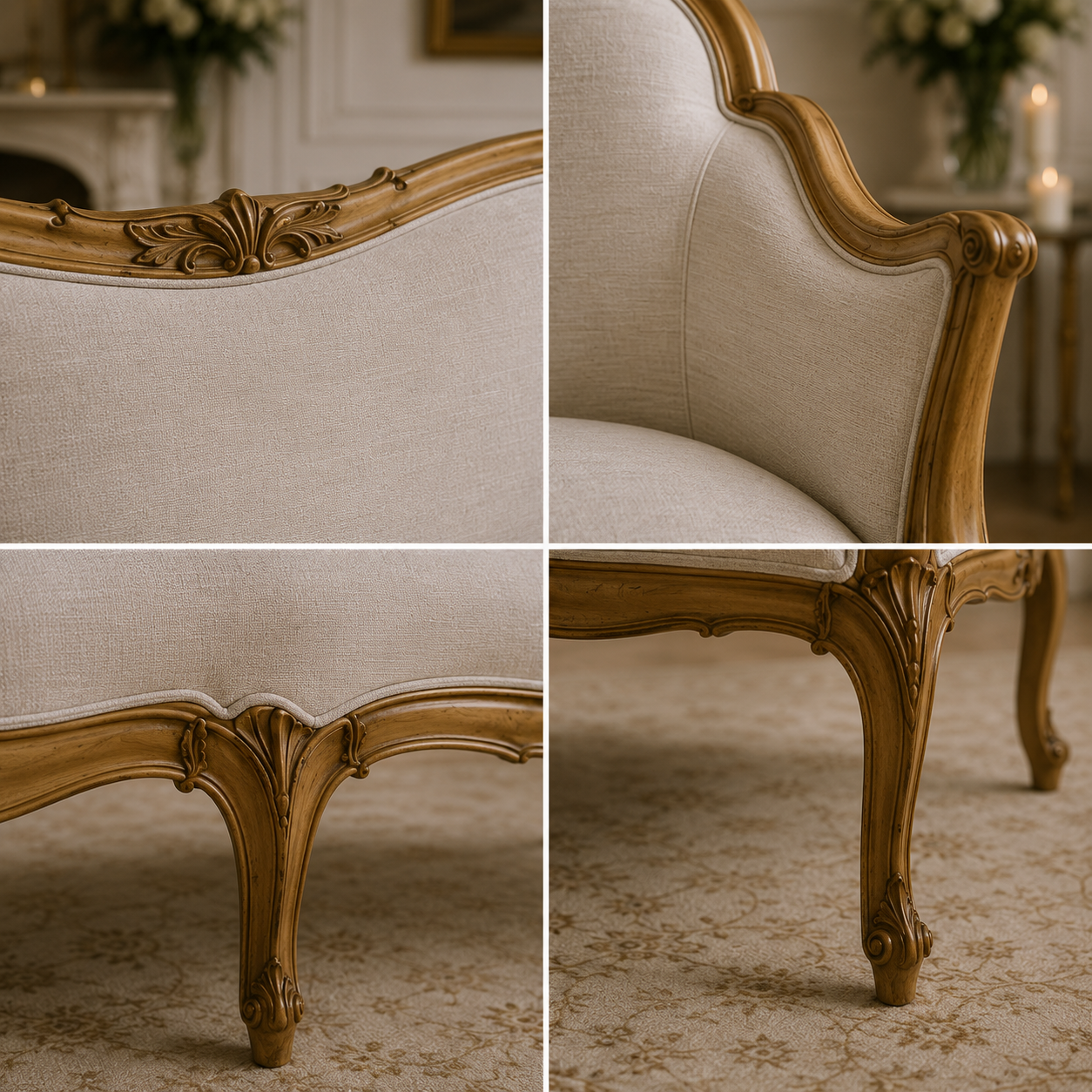 Custom made French sofa with hand carved champagne and gold solid wood frame and champagne tufted upholstery
