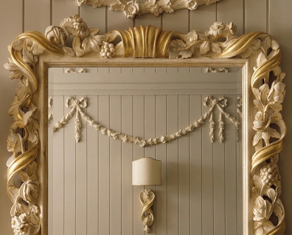 An ornate, gilded mirror with a highly detailed baroque-style frame featuring carved floral motifs, set against a matching paneled wall with a small wall sconce below.