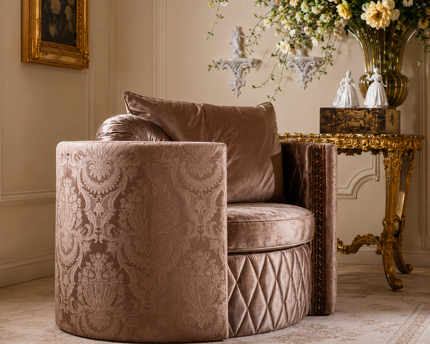 A luxurious upholstered armchair in a warm taupe damask fabric, styled in an elegant room next to a gold side table with a floral arrangement.