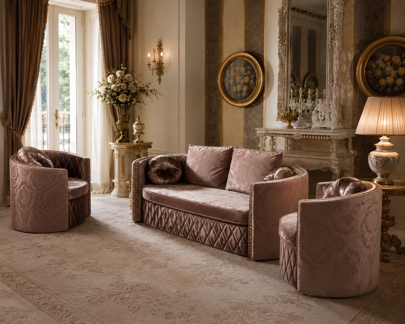 A luxurious upholstered furniture set in a grand, elegant room. The set includes a quilted diamond-patterned sofa in dusty rose pink, two matching barrel chairs, and a round ottoman, all in a matching dusty rose fabric.