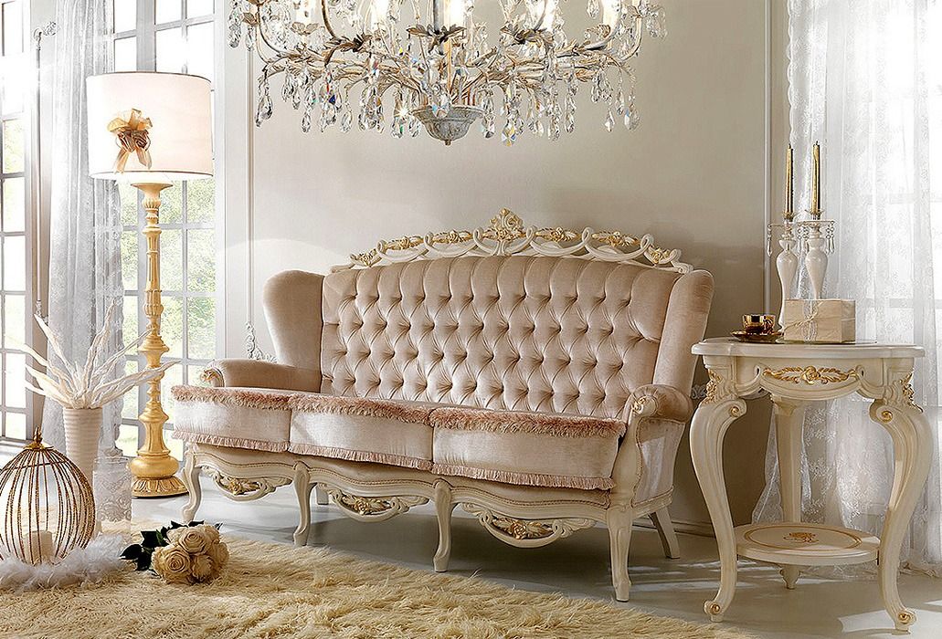Custom made French sofa with hand carved ivory wood frame and champagne tufted upholstery