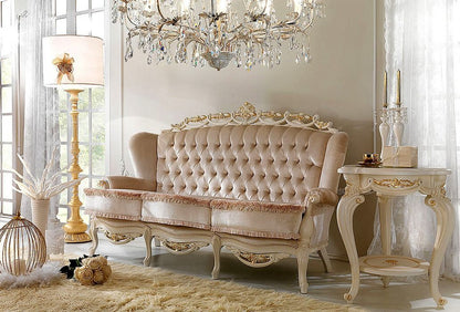 Custom made French sofa with hand carved ivory wood frame and champagne tufted upholstery