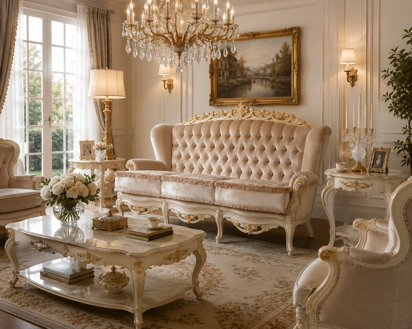 Custom made French sofa with hand carved ivory wood frame and champagne tufted upholstery