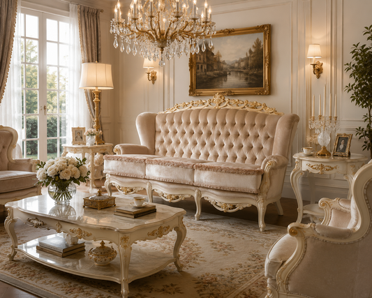 Custom made French sofa with hand carved ivory wood frame and champagne tufted upholstery