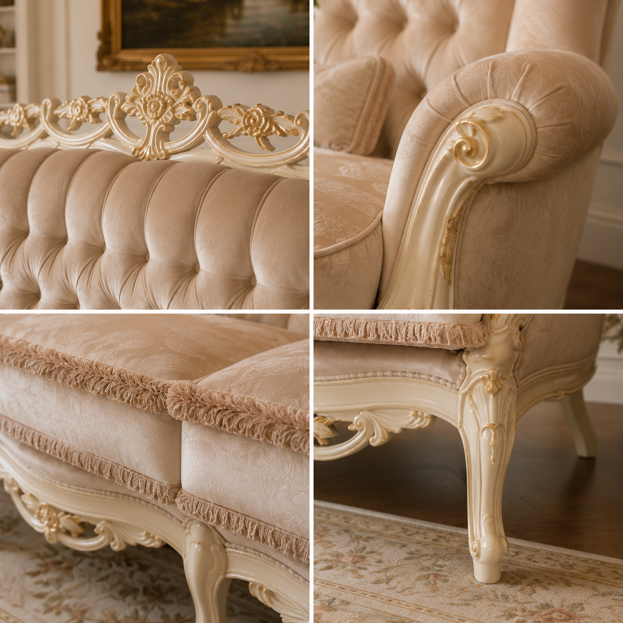 Custom made French sofa with hand carved ivory wood frame and champagne tufted upholstery