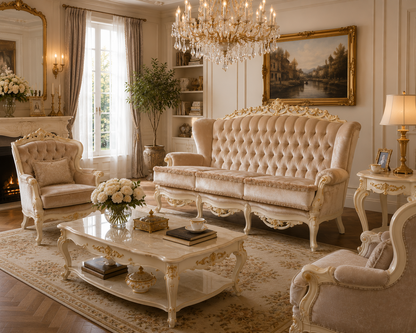 Custom made French sofa with hand carved ivory wood frame and champagne tufted upholstery