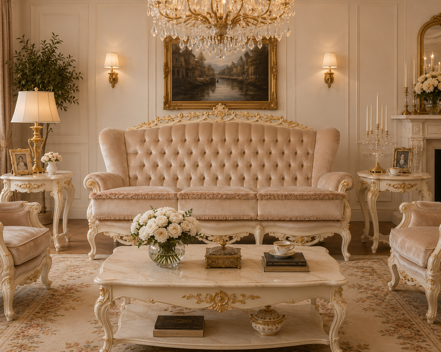 Custom made French sofa with hand carved ivory wood frame and champagne tufted upholstery