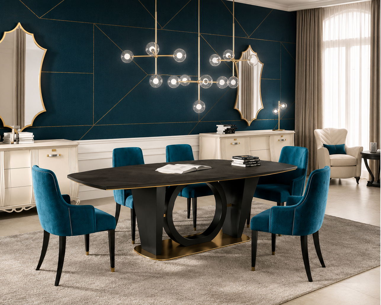 A modern dining room set featuring a dark wood rectangular table with a circular base, surrounded by six teal velvet chairs, set on a large gray rug in a luxury room with a dark blue wall and gold accents.