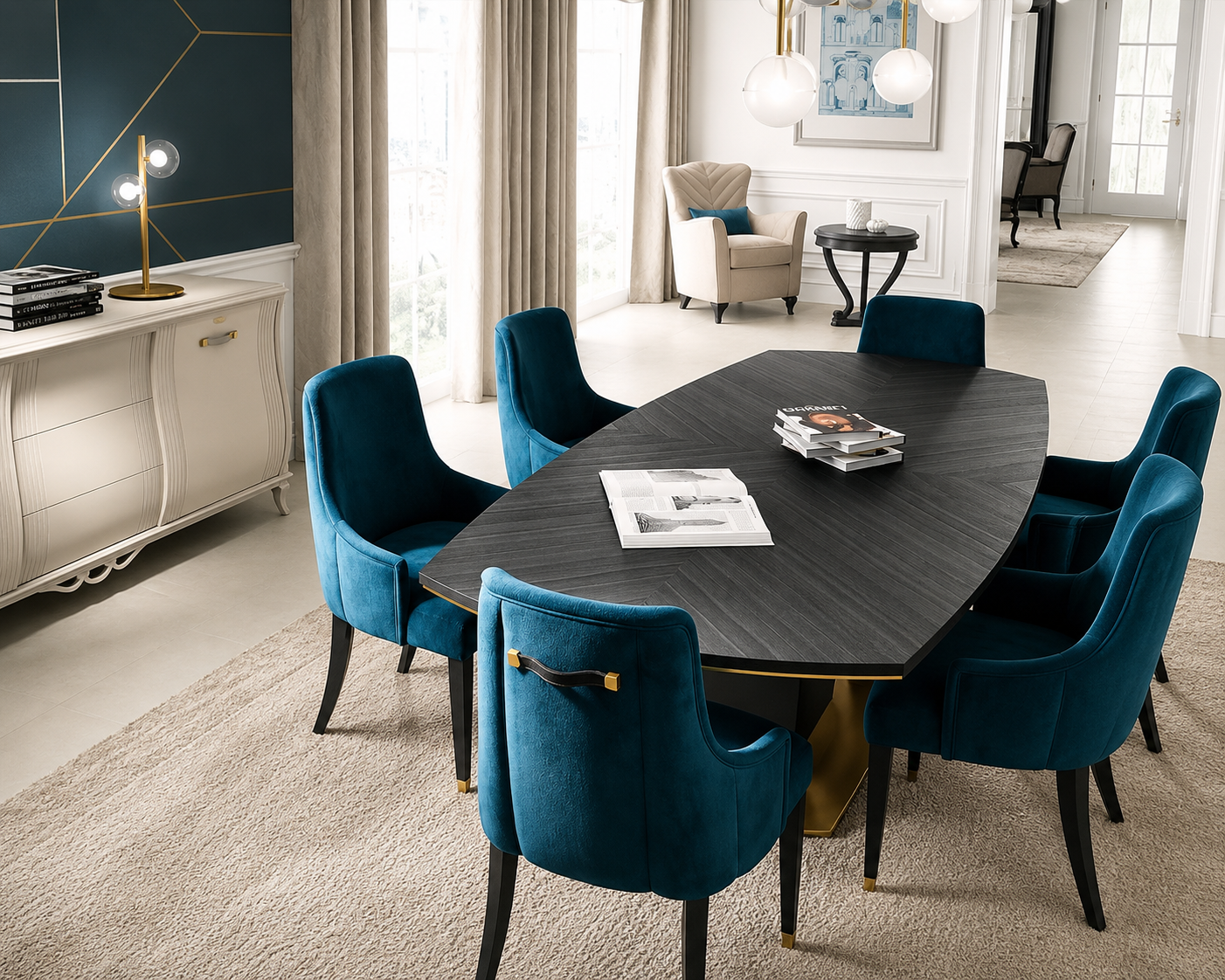 An oval dark wood dining table surrounded by eight teal velvet upholstered chairs in a bright, modern dining room setting.