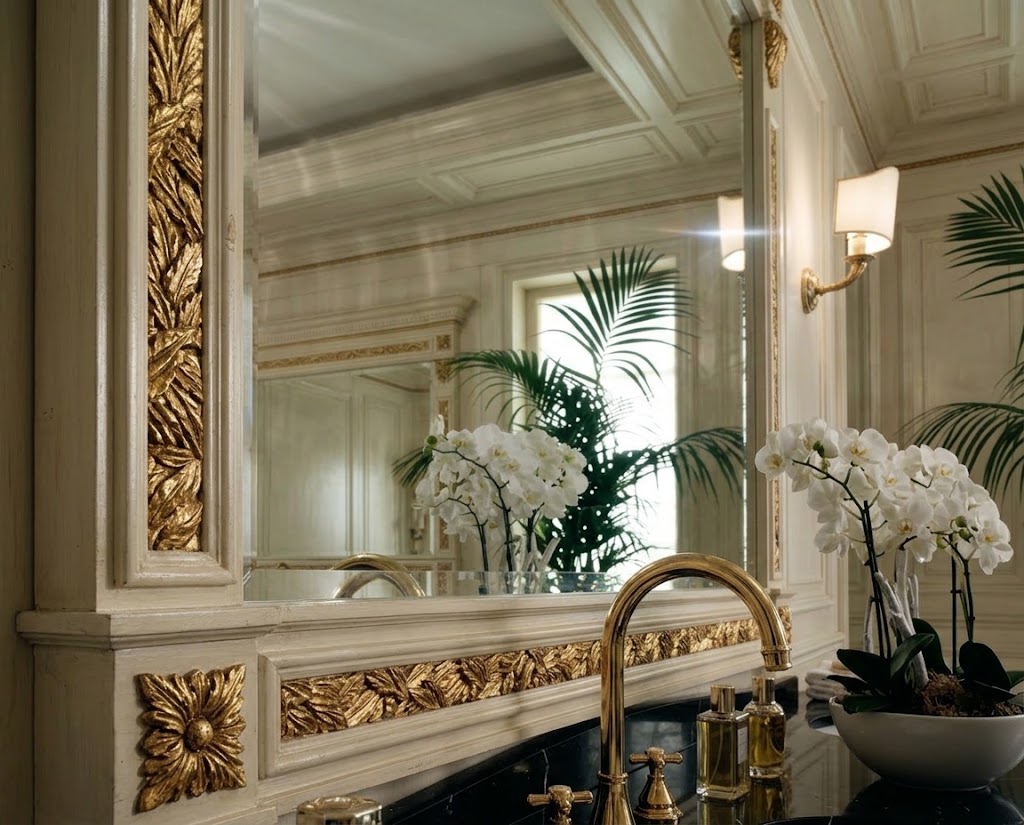 An ornate gold and cream decorative wall mirror in a luxurious bathroom setting, reflecting green palm leaves and white orchids on a dark countertop with a gold faucet.