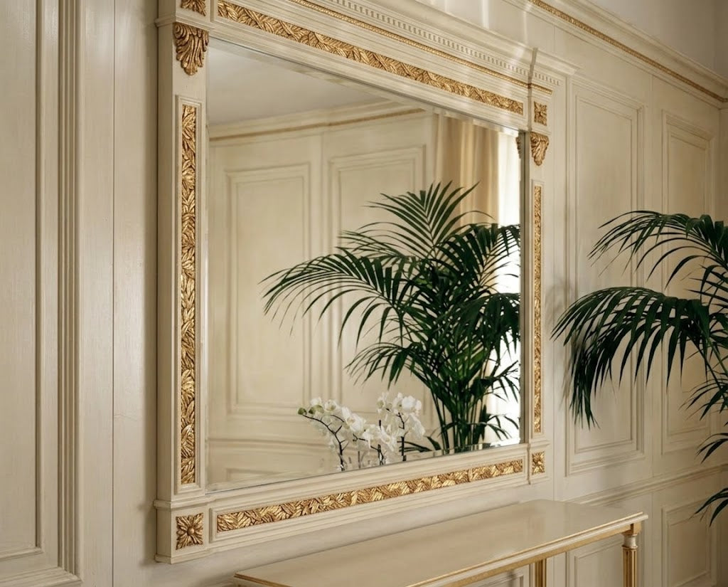 An ornate cream-colored wall mirror with intricate gold gilded detailing around the frame, mounted on a matching cream paneled wall. The reflection shows green palm leaves and white flowers, and a gold-framed console table is visible at the bottom.