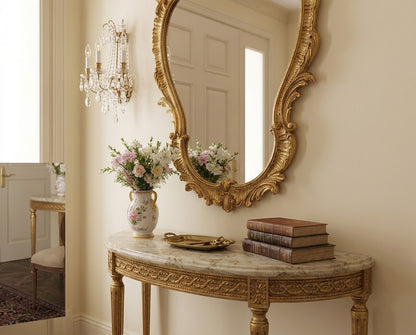 An ornate gold-framed wall mirror hangs above a marble console table in a classic interior. The table holds a vase of pink flowers, a gold tray, and a stack of vintage books, with the mirror reflecting a white door and a crystal chandelier.