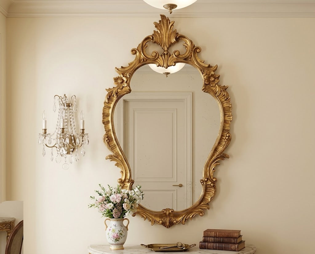 An ornate gold-framed oval wall mirror with intricate baroque-style carvings, hanging on a beige wall in a styled interior setting with a crystal chandelier, books, and a vase of flowers.