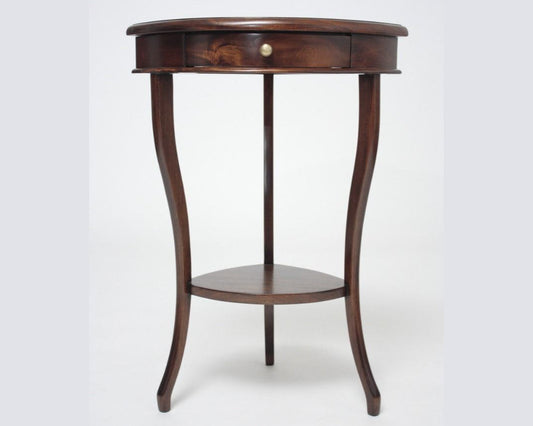 Wooden side table with a round top and curved legs on a white background