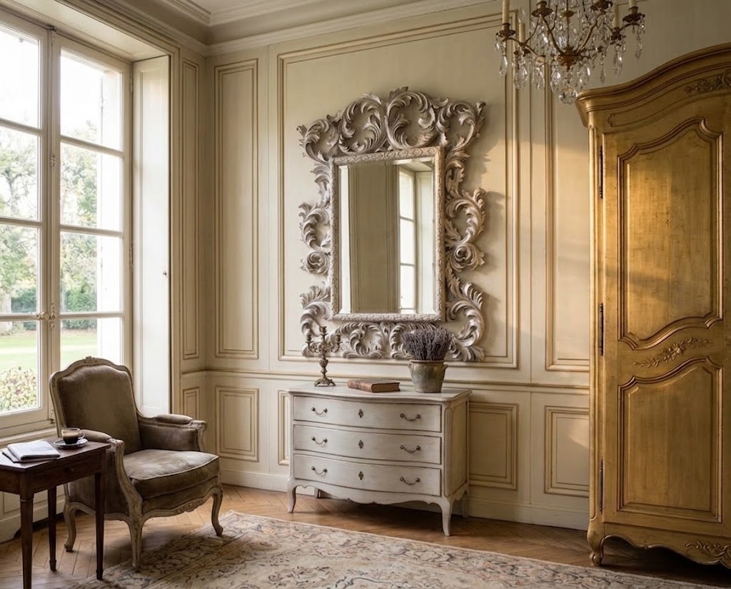 A classic French-style room featuring an ornate silver mirror above a white three-drawer chest, with a matching upholstered armchair, a large gold armoire, and a chandelier.